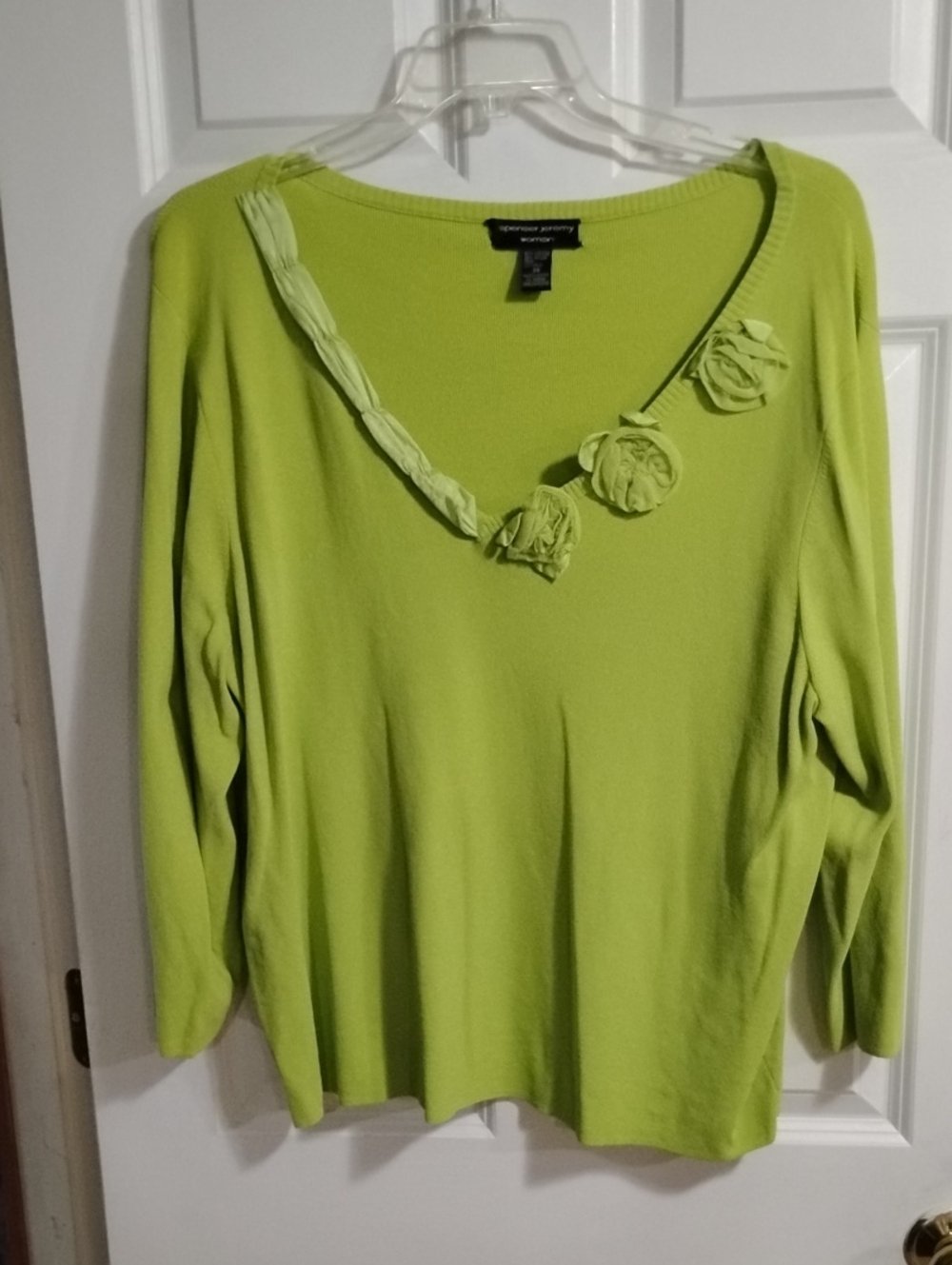 Spenser Jeremy Bright Lime Green V-Neck Sweater with Rosette Detail